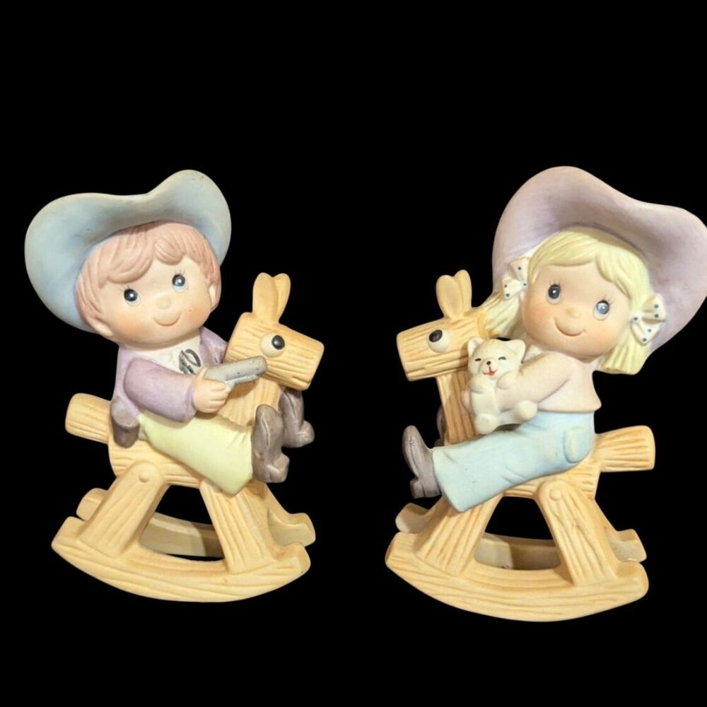 Homco‎ Vintage Cowboy & Cowgirl Figurines Riding Rocking Horses Taiwan 1417 Cute